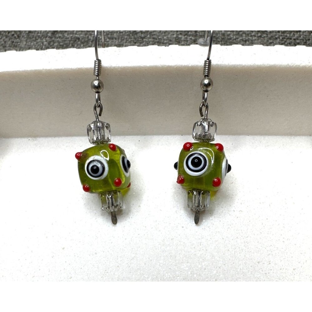 Handmade Unique Glass Green Bead Earrings With Eye Design Lightweight